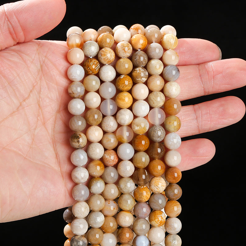 Coral Fossil Round beads AAA Grade, Patterned Beige - 15.5" Strand