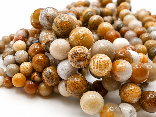 Coral Fossil Round beads AAA Grade, Patterned Beige - 15.5" Strand