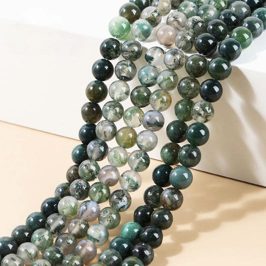 Moss Agate Beads, AA Grade Green Banded - 15" Strand