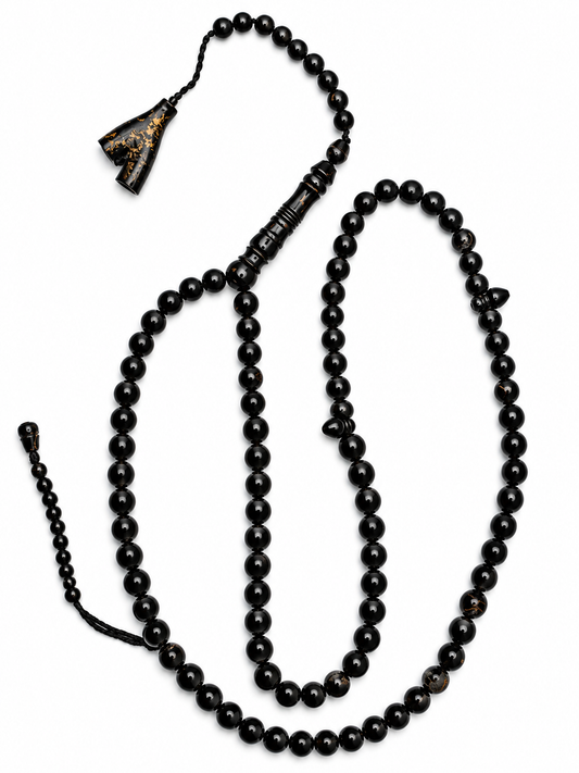 Yusr Baladi Tasbih – Red Sea Black Coral, 8mm, 100 Beads, Long Imam Design