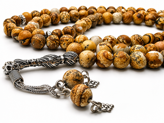 Picture Jasper Tasbih – 8mm, 99 Beads with Sterling Silver