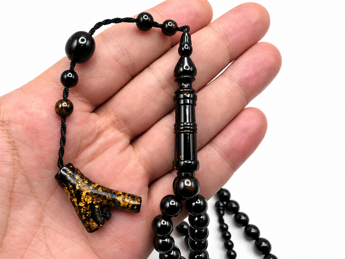 Yusr Baladi Tasbih – Red Sea Black Coral, 8mm, 100 Beads, Slim Imam Design