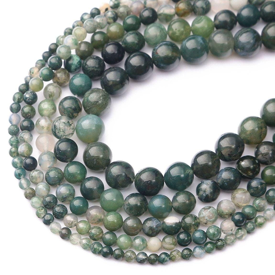Moss Agate Beads, AA Grade Green Banded - 15" Strand