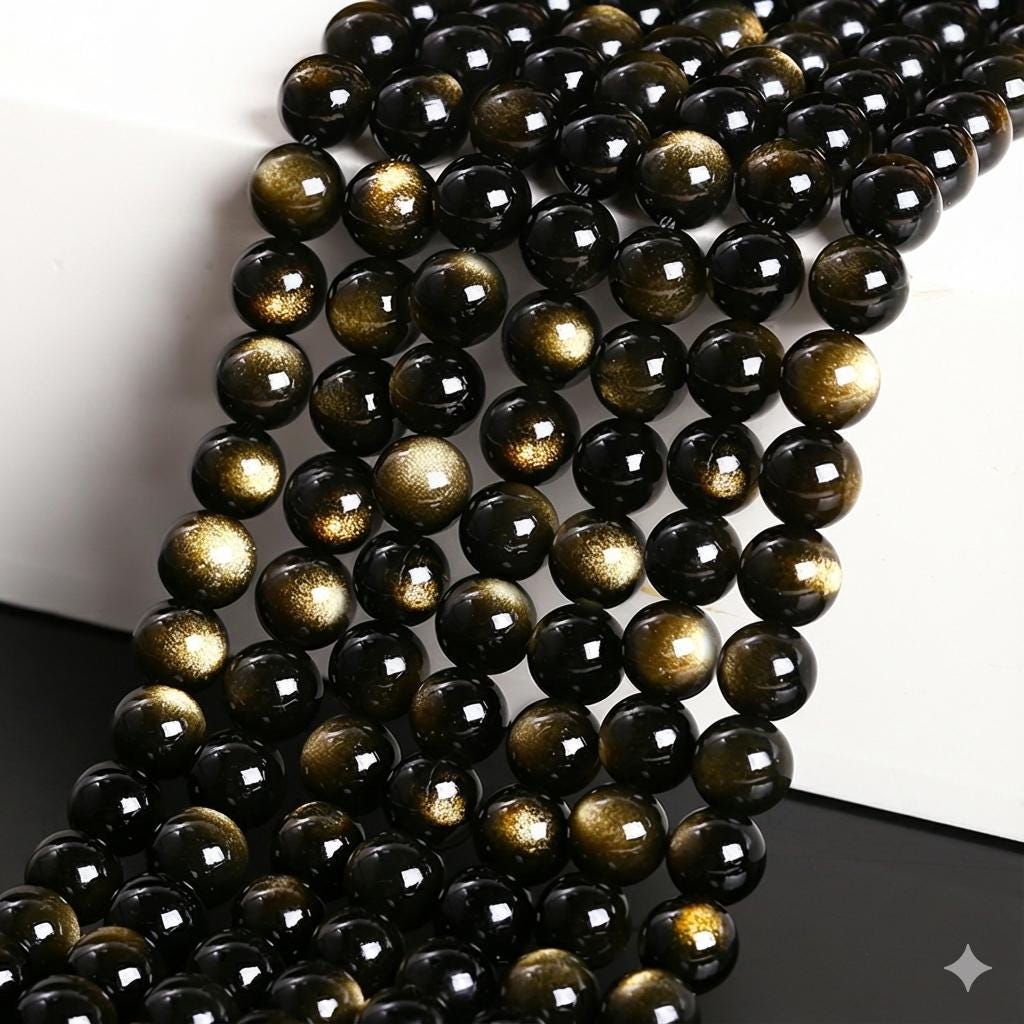 Gold Obsidian Round beads AAA+ Grade, Gold Shade - 15.5" Strand