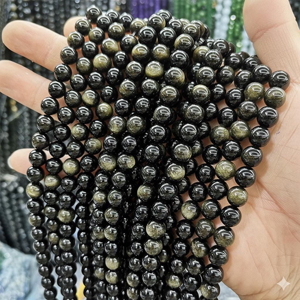 Gold Obsidian Round beads AAA+ Grade, Gold Shade - 15.5" Strand