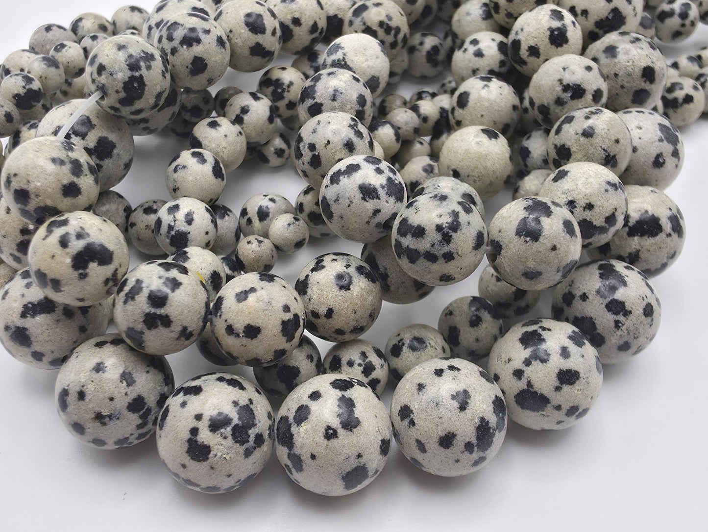 Dalmatian Jasper Round beads, White with Spots - 15.5" Strand