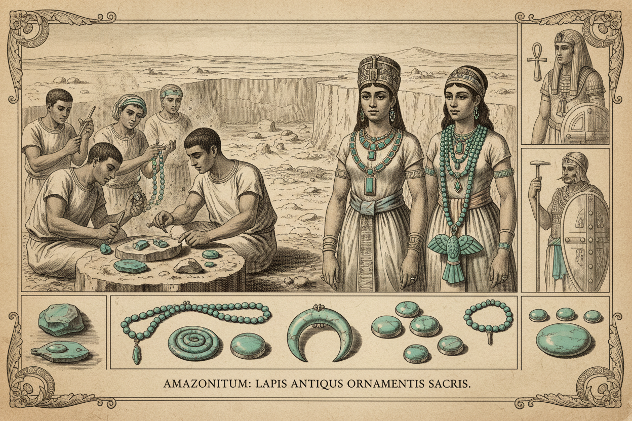 Ancient historical illustration of amazonite used in early jewellery and amulets
