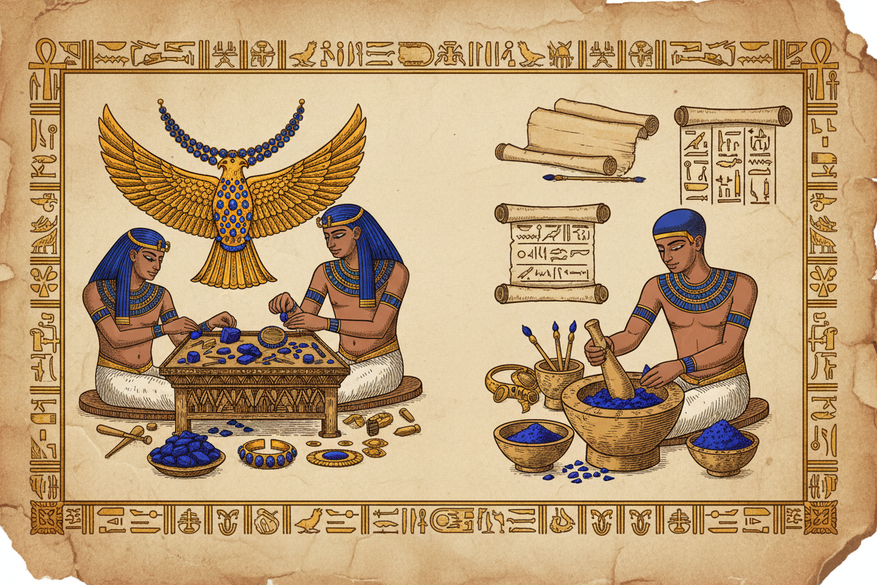 Ancient historical illustration of lapis lazuli used in Egyptian jewellery and pigments
