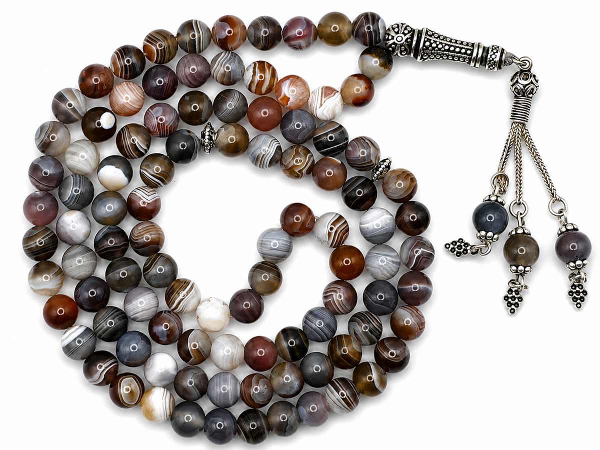 Botswana Agate Tasbih – 8mm, 99 Beads with Sterling Silver