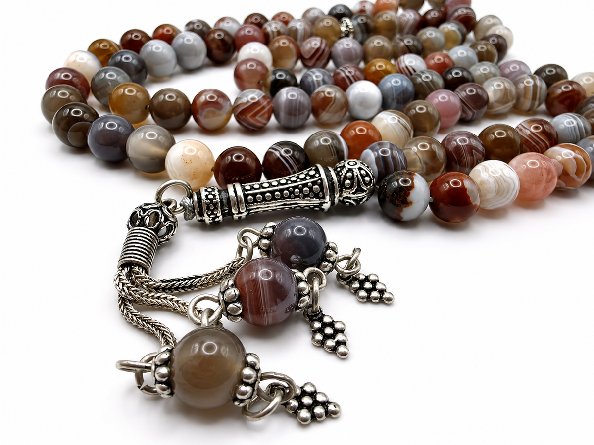 Botswana Agate Tasbih – 8mm, 99 Beads with Sterling Silver