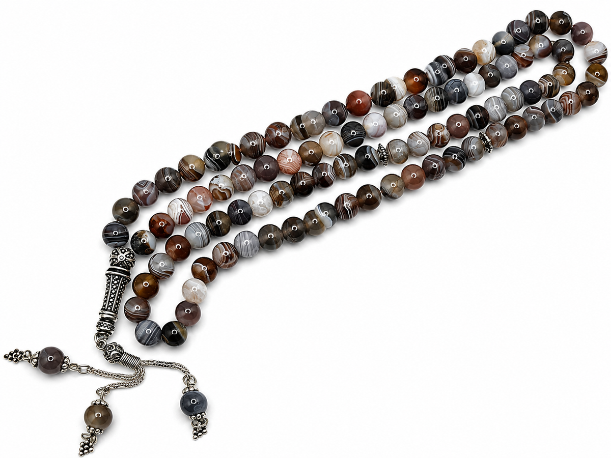 Botswana Agate Tasbih – 8mm, 99 Beads with Sterling Silver
