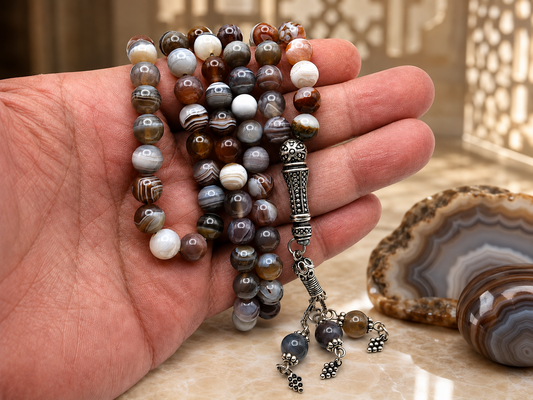 Botswana Agate Tasbih – 8mm, 99 Beads with Sterling Silver