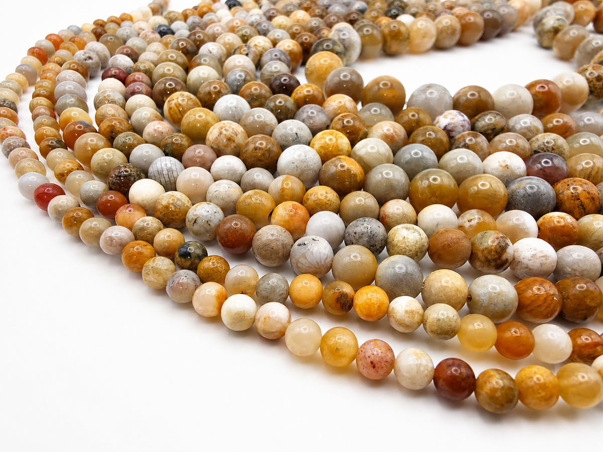 Coral Fossil Round beads AAA Grade, Patterned Beige - 15.5" Strand