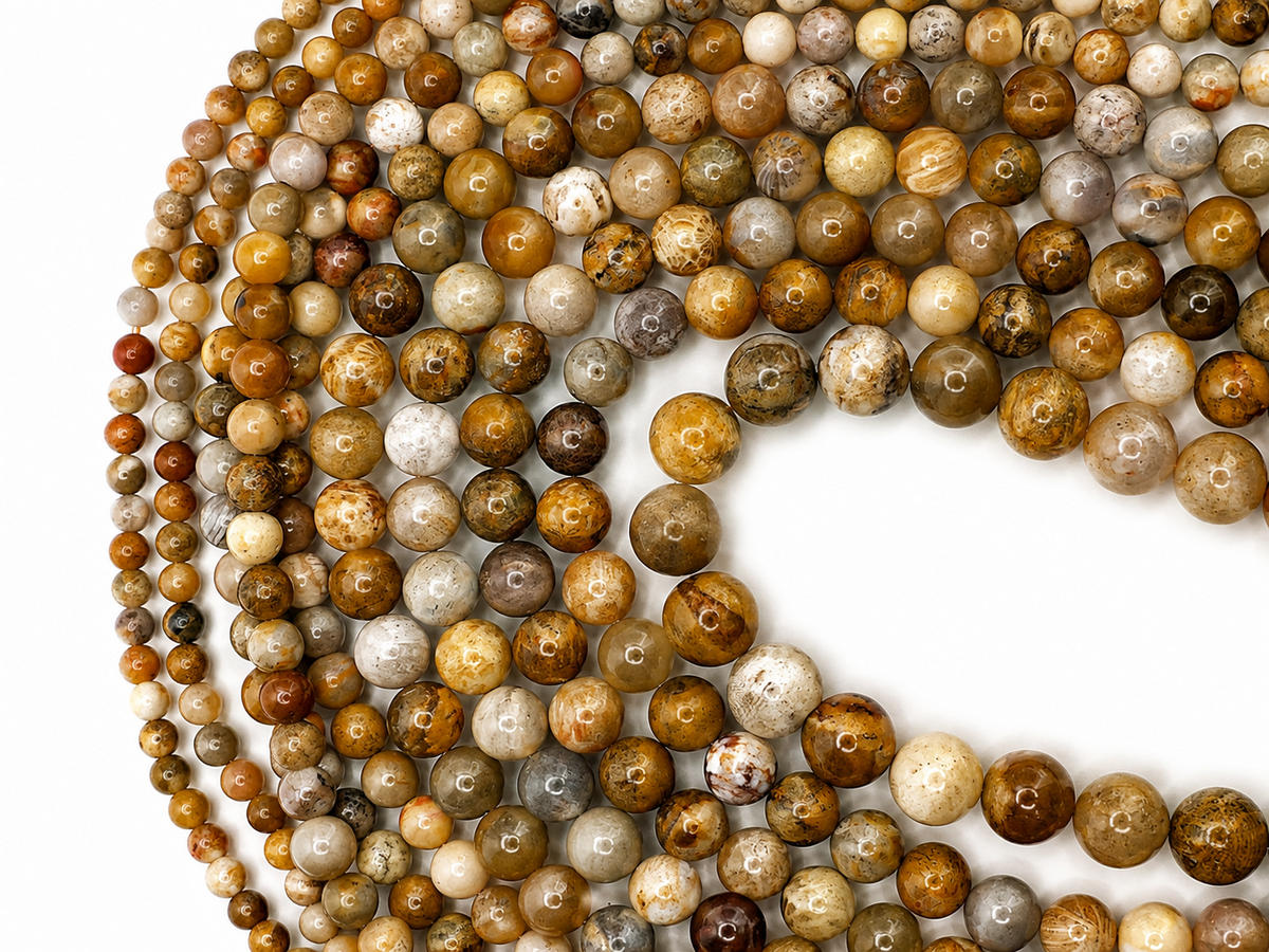 Coral Fossil Round beads AAA Grade, Patterned Beige - 15.5" Strand