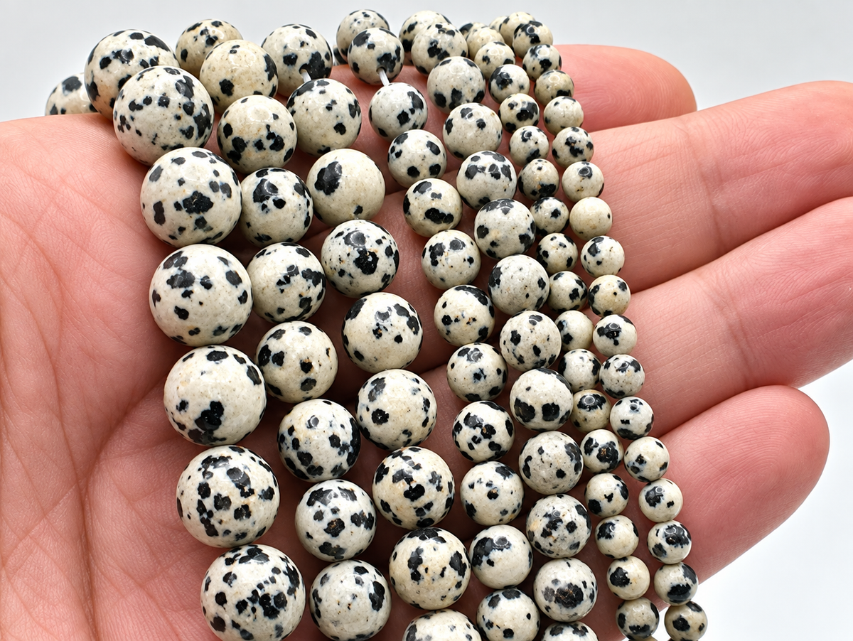 Dalmatian Jasper Round beads, White with Spots - 15.5" Strand