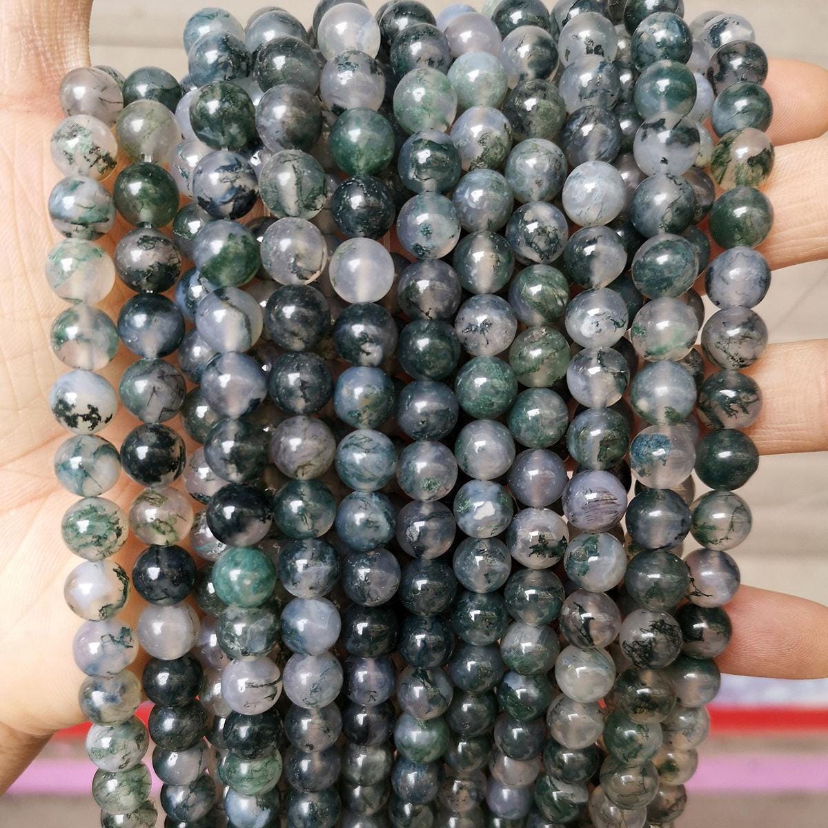 Moss Agate Beads, AA Grade Green Banded - 15" Strand
