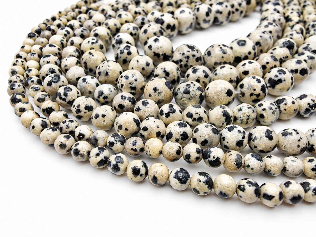 Dalmatian Jasper Round beads, White with Spots - 15.5" Strand