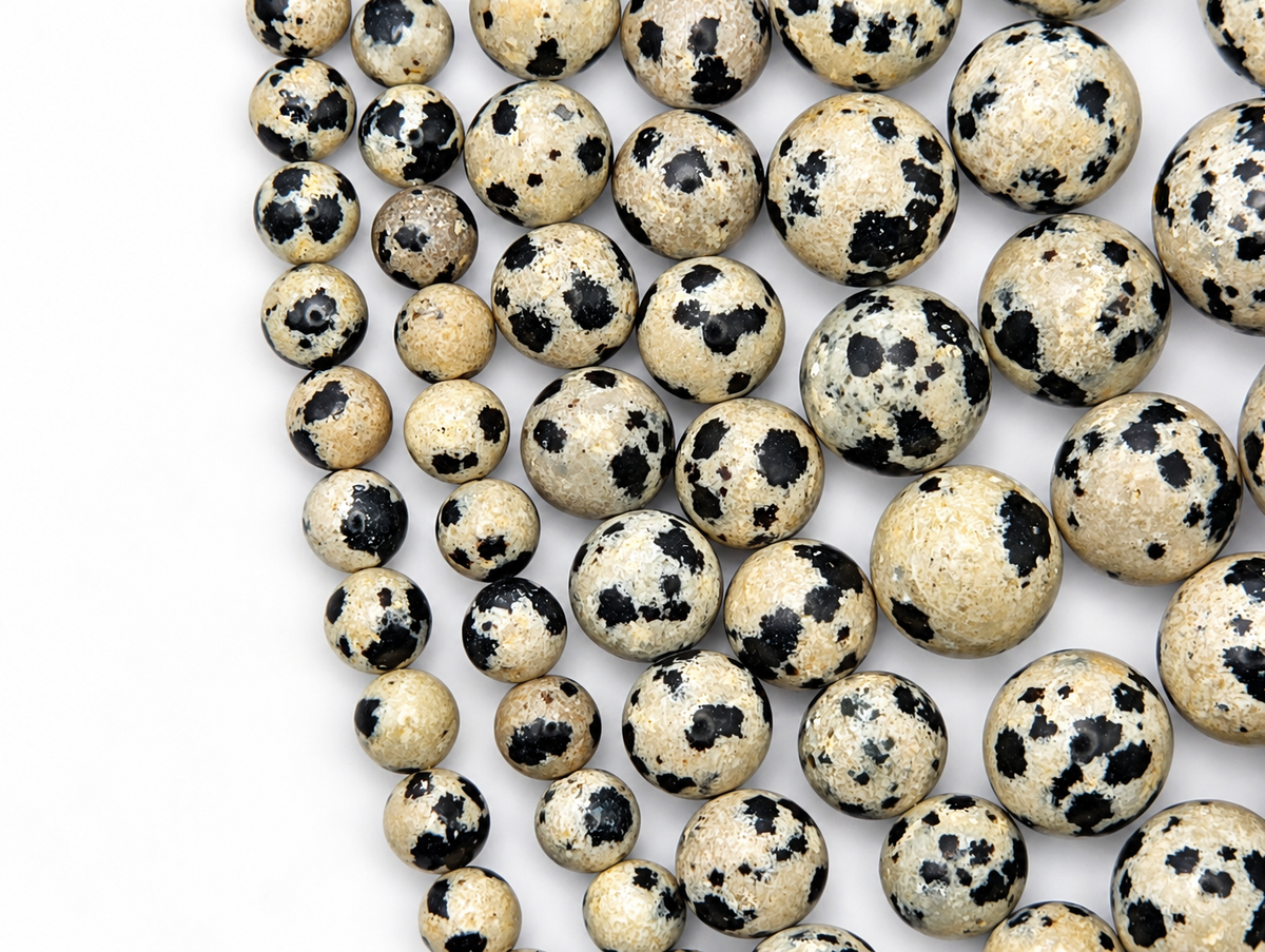 Dalmatian Jasper Round beads, White with Spots - 15.5" Strand