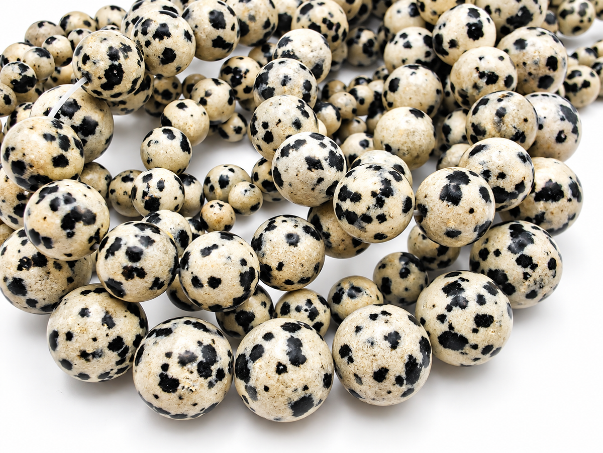 Dalmatian Jasper Round beads, White with Spots - 15.5" Strand