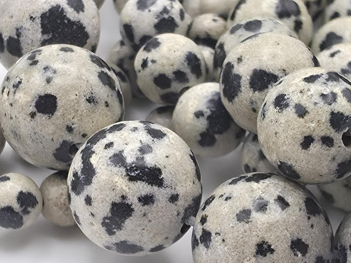 Dalmatian Jasper Round beads, White with Spots - 15.5" Strand