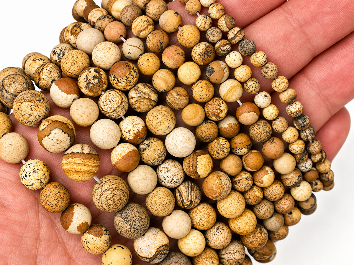 Matt Picture Jasper round beads AA Grade, Desert-Toned - 15" Strand
