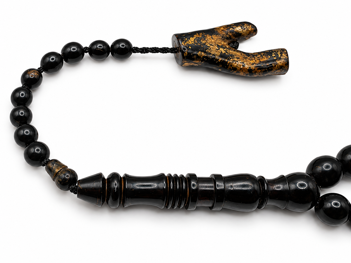 Yusr Baladi Tasbih – Red Sea Black Coral, 8mm, 100 Beads, Long Imam Design