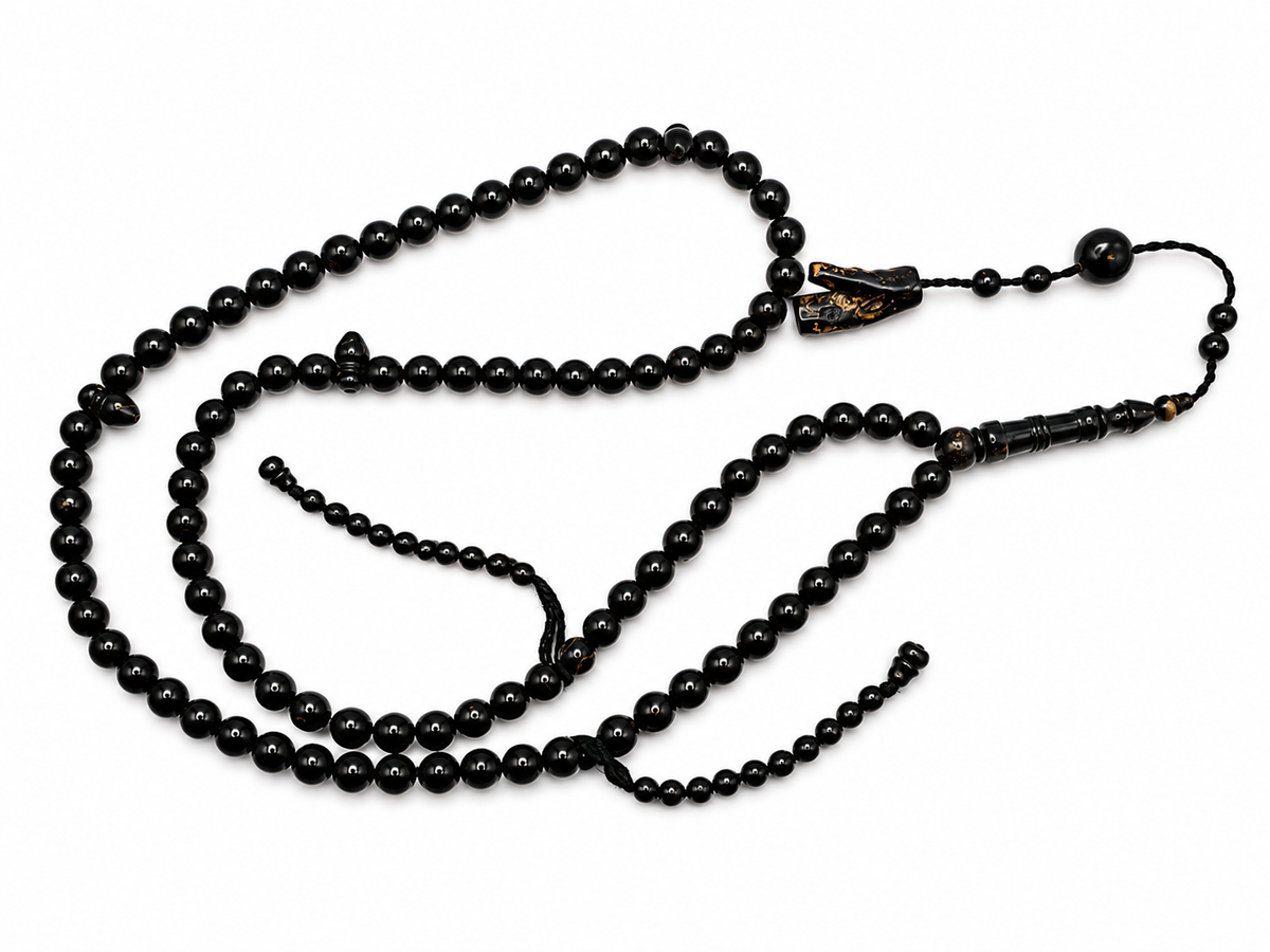 Yusr Baladi Tasbih – Red Sea Black Coral, 8mm, 100 Beads, Slim Imam Design