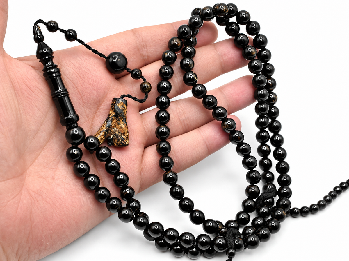 Yusr Baladi Tasbih – Red Sea Black Coral, 8mm, 100 Beads, Slim Imam Design