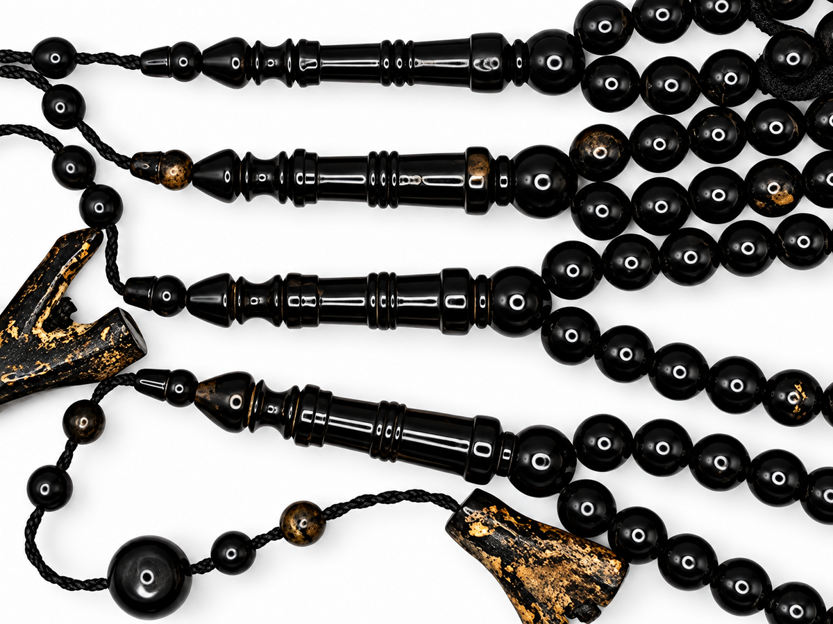 Yusr Baladi Tasbih – Red Sea Black Coral, 8mm, 100 Beads, Slim Imam Design