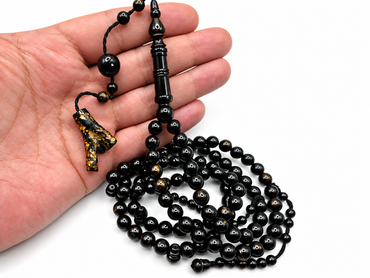 Yusr Baladi Tasbih – Red Sea Black Coral, 8mm, 100 Beads, Slim Imam Design