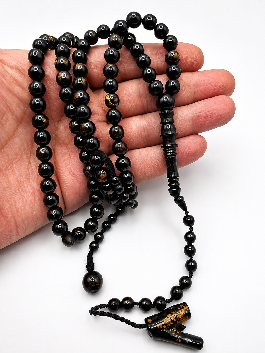 Yusr Baladi Tasbih – Red Sea Black Coral, 8mm, 100 Beads, Long Imam Design