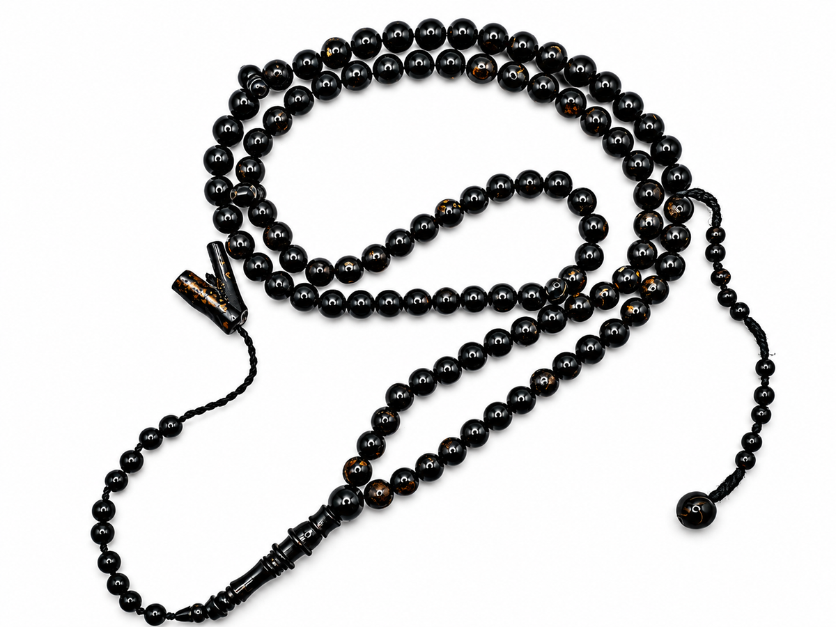 Yusr Baladi Tasbih – Red Sea Black Coral, 8mm, 100 Beads, Long Imam Design