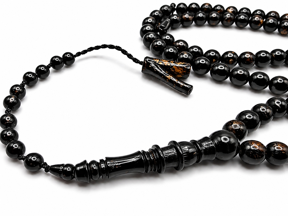 Yusr Baladi Tasbih – Red Sea Black Coral, 8mm, 100 Beads, Long Imam Design