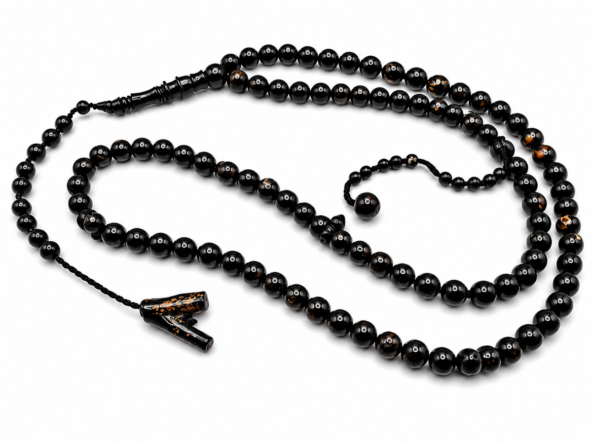 Yusr Baladi Tasbih – Red Sea Black Coral, 8mm, 100 Beads, Long Imam Design