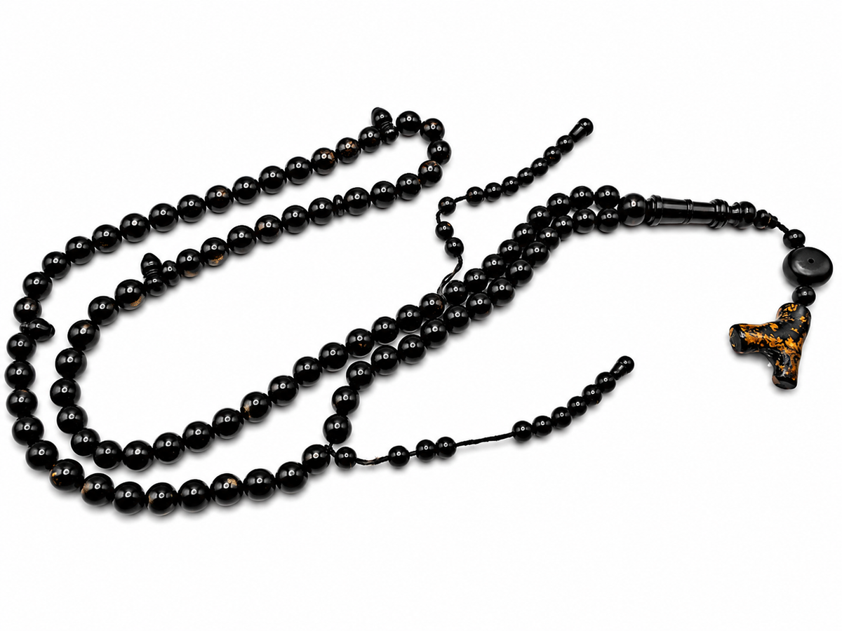 Yusr Baladi Tasbih – Red Sea Black Coral, 8mm, 100 Beads, Long Imam Design